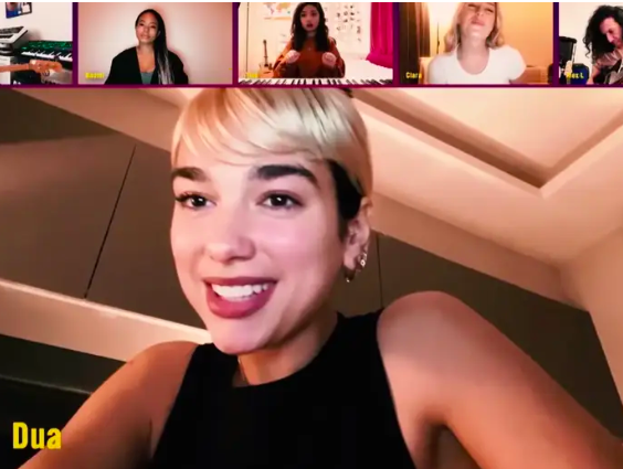 Dua Lipa performed “Don’t Start Now” with her dancers and bandmates through video chat on The Late Late Show with James Corden.
