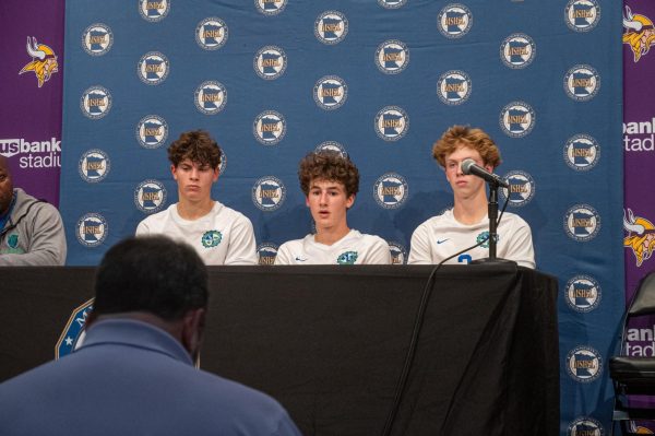 Pesky, Silvestri, and Bell speak at a postgame press conference. Silvestri gave his final words of advice for future teams: "Everything starts in practice, and then off the field. And what you can do off the field really translates, because as a team, play together and work with each other and believe in each other. I think that takes a team really far," he said.