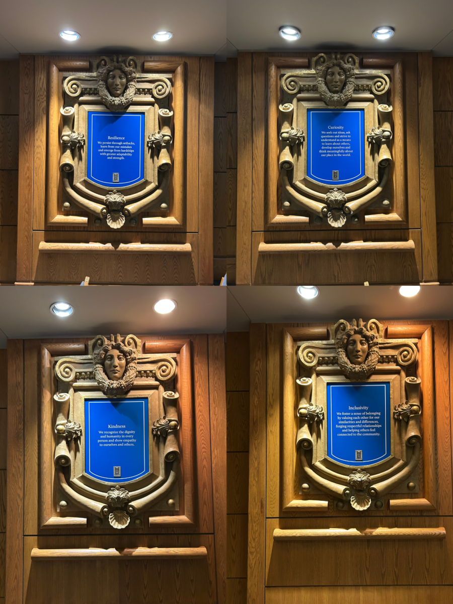 The school's new values of Curiosity, Kindness, Inclusivity, and Resilience are displayed with their descriptions on plaques around the Juliet Nelson Auditorium.