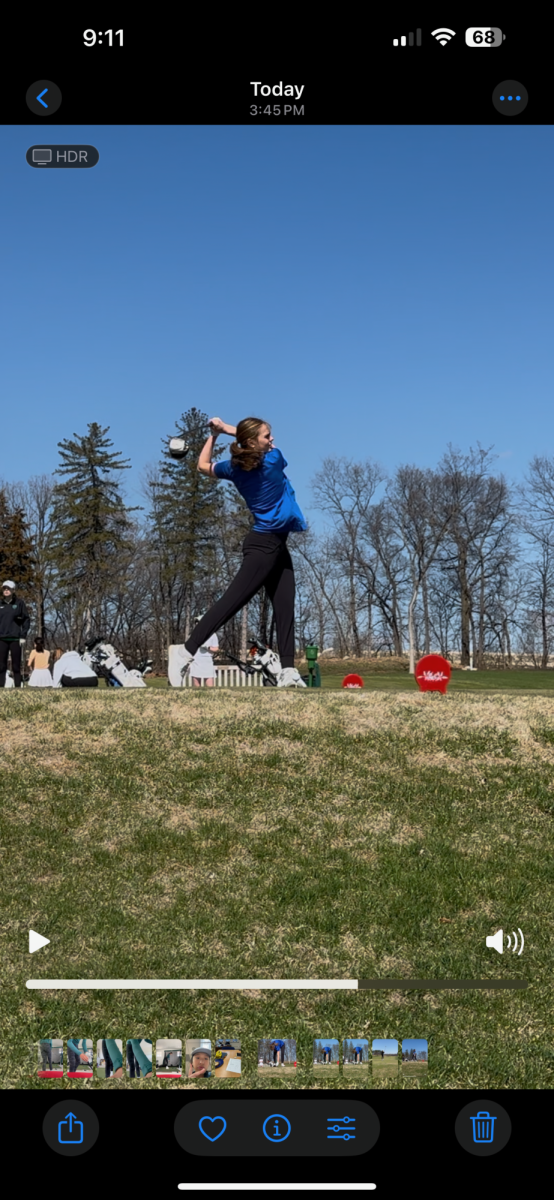 Adeline Wethington ‘27 hits a drive on the 1st hole at Woodhill during a practice round on April 21.